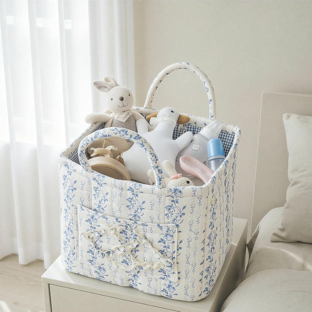 Quilted Fabric Car Storage Basket with Handles & Pocket, Foldable Laundry Hamper Boho Floral Print Organizer Bin for Home, Picnic, Office Nursery Cloth Toy 12"x10"x10" (Style E)