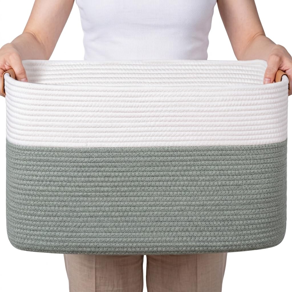 danpinera Blanket Basket, 72L Woven Storage basket with Leather Handle, Eco-friendly Decorative Storage Organization in Bathroom & Living Room for Towels 22 ''*17 ''*11.8 '', Gradient Brown