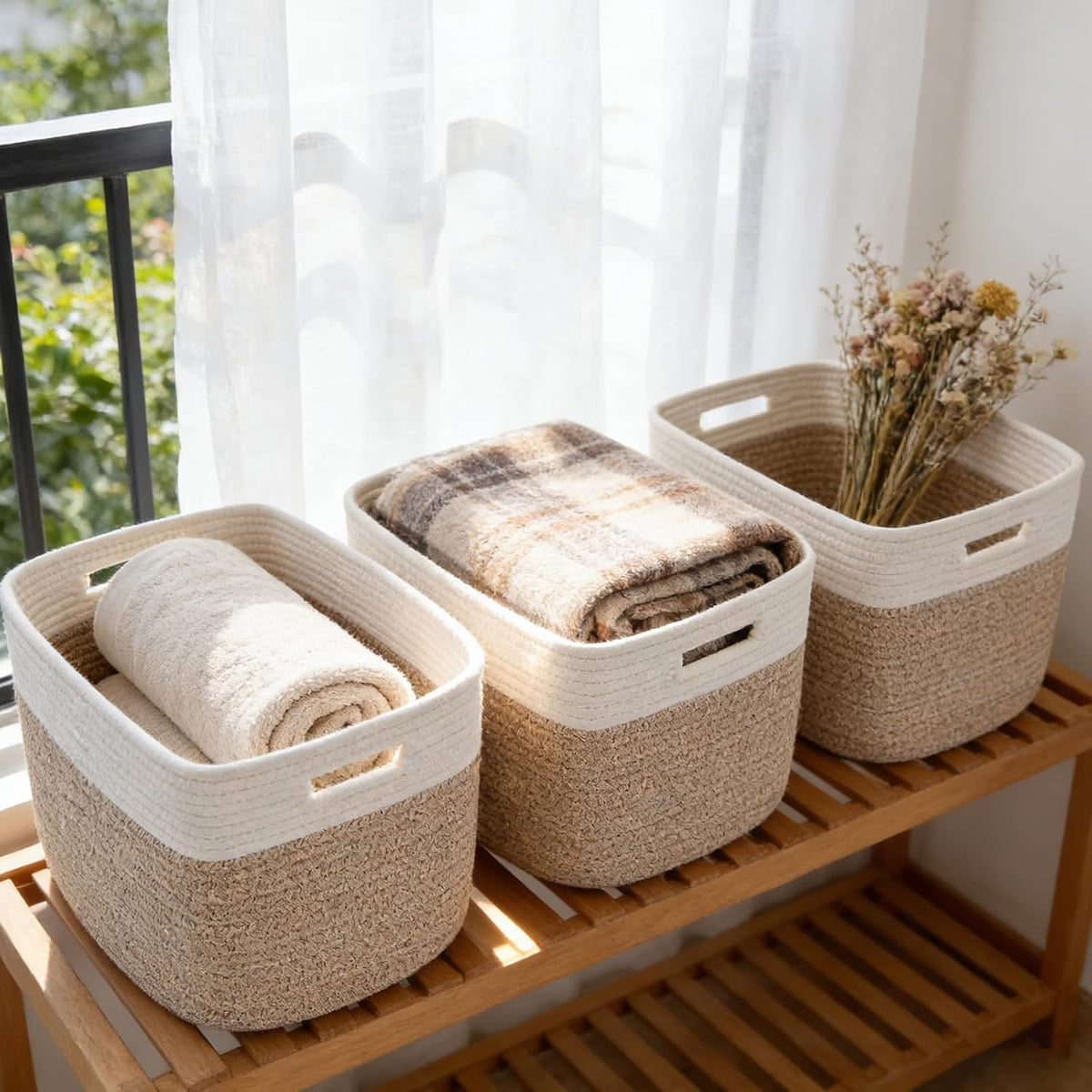 3 Pack Woven Baskets,Storage Baskets for Shelves with Handles