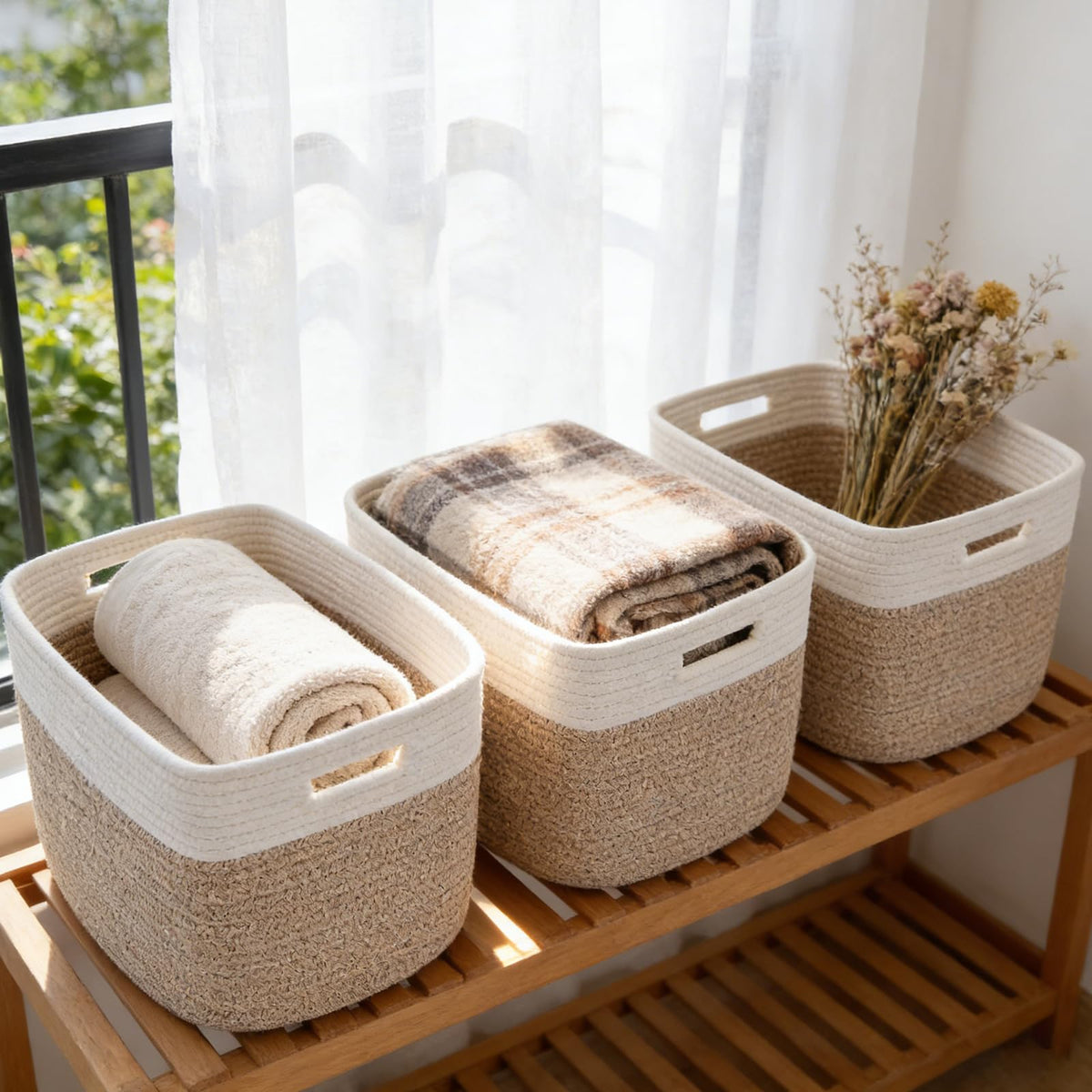 3 Pack Woven Baskets,Storage Baskets for Shelves with Handles