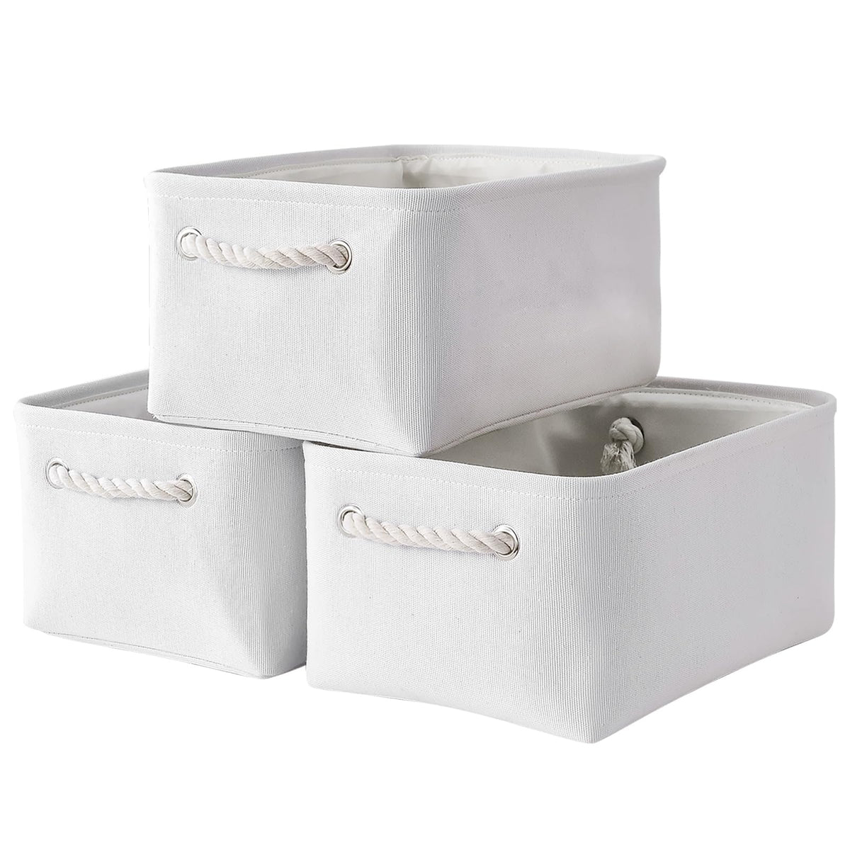 TheWarmHome Storage Basket for Organizing - Medium 3 Pack 14x10x7 inch Fabric Storage Cubes for Shelves with Rope, Collapsible Storage Bin for Organizer Closet Cloth Gift Toy (White & Jean Blue)