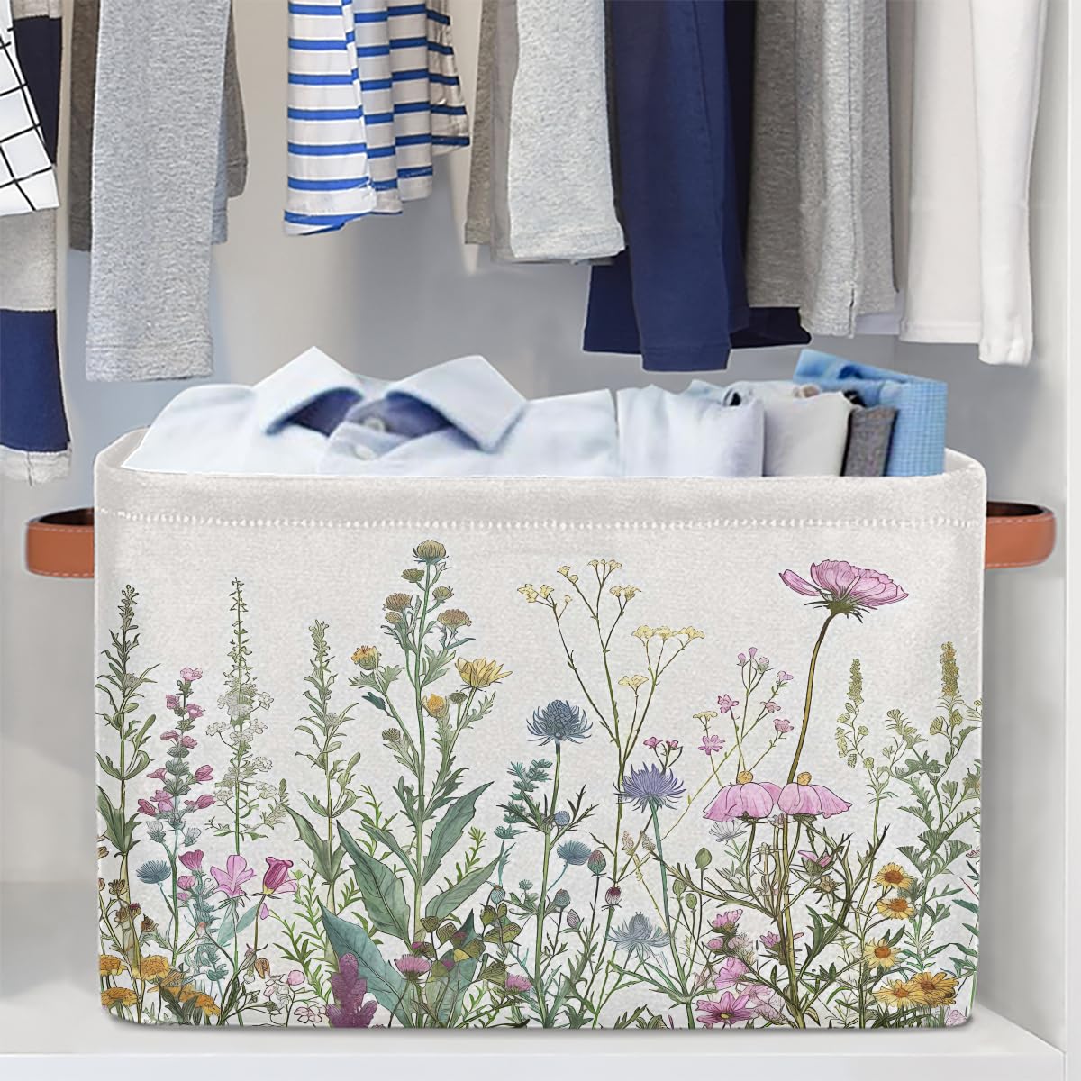 Wildflowers Plants Storage Baskets for Organizing, Fabric Collapsible Storage Bins Box Spring Esthetical Decorative Toy Organizer Baskets for Closet Shelves Gift Basket 1 Pc