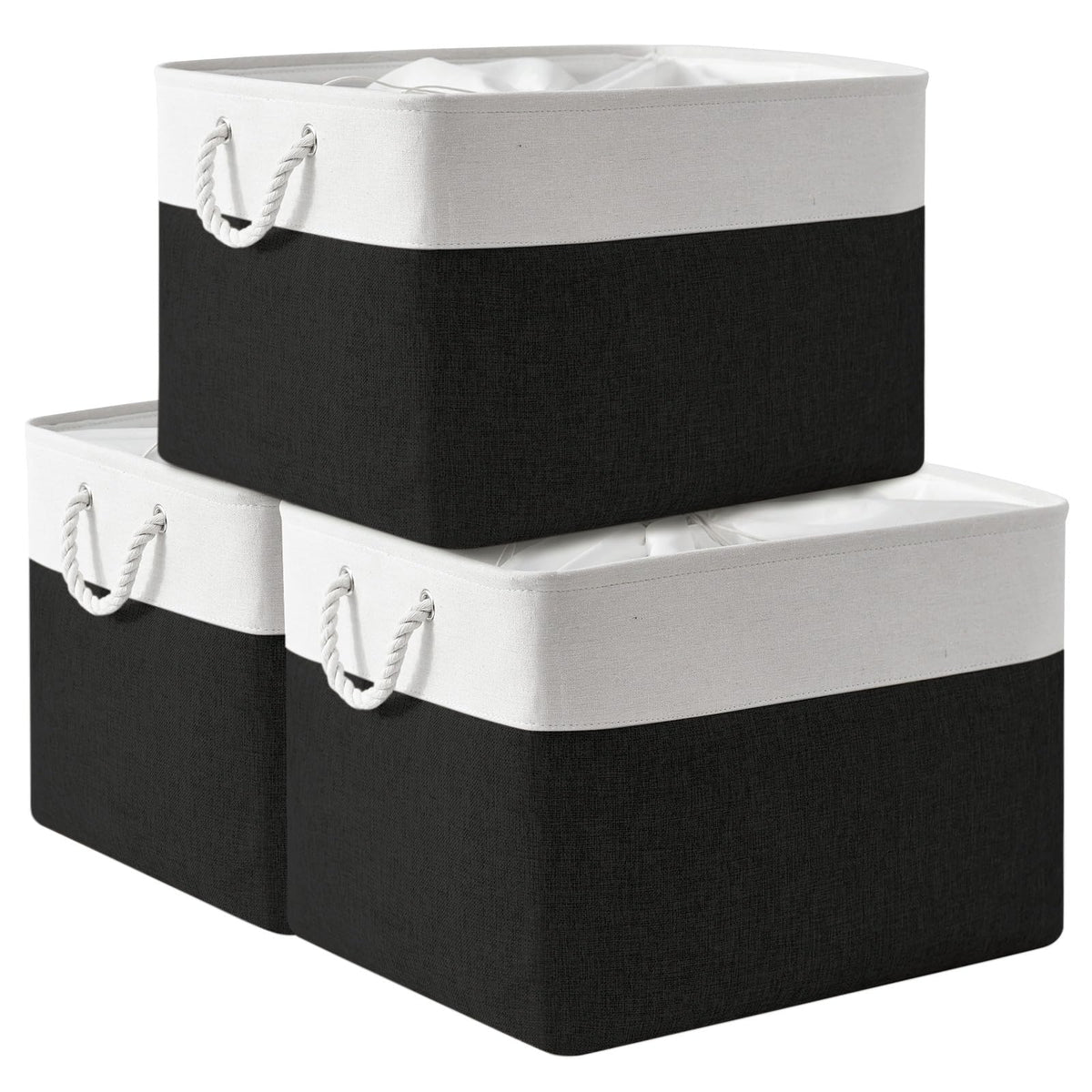 TheWarmHome Storage Basket for Organizing - Medium 3 Pack 14x10x7 inch Fabric Storage Cubes for Shelves with Rope, Collapsible Storage Bin for Organizer Closet Cloth Gift Toy (White & Jean Blue)