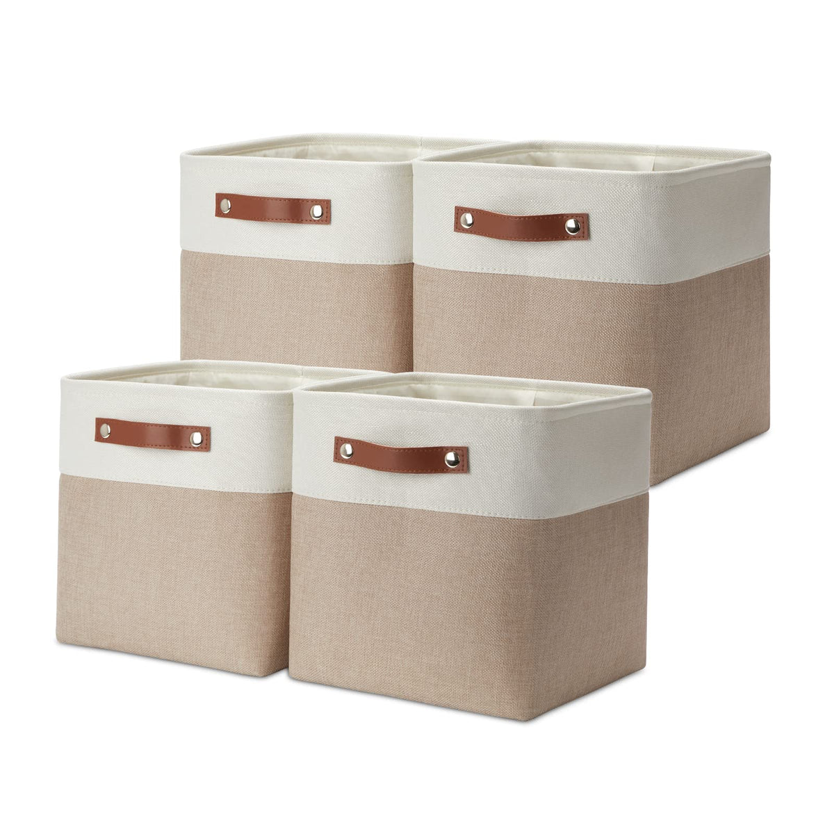 DULLEMELO Fabric Storage Bins for Laundry, Home, Foldable Storage Baskets for Shelves, Toys, Collapsible Storage Bins for Office, Closet,Bedroom(White&Khaki,L-15"x11"x9.5",4-Pack)