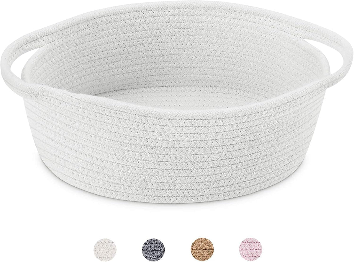 ABenkle Small Basket with Handles, Boho Decorative Rope Woven Dog Cat Toy Storage Bin Shelf Storage Organizer, Easter Christmas Gift Basket, 12"x8"x5", White