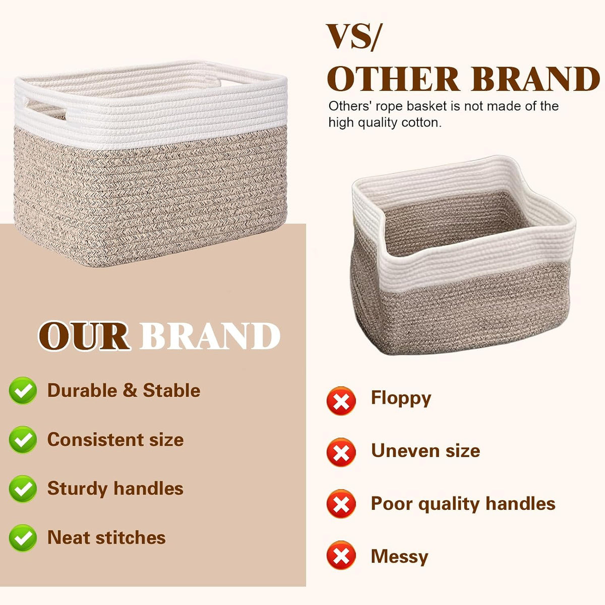 Storage Baskets for Organizing, 4 Pack Baskets for Shelves, Decorative Storage Bins for Shelves, Cotton Rope Storage Basket with Handles, Woven Basket for Storage, 13''Lx8.7''Wx7.9''H, White & Brown