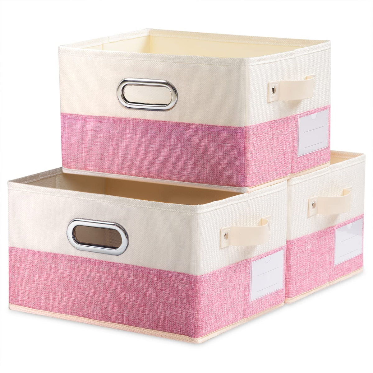 PRANDOM Large Foldable Storage Bins for Shelves [3-pack] Decorative Linen Fabric Storage Baskets Cubes with Leather/Metal Handles for Closet Nursery Office Grey and Black Trim (14.9x9.8x8.3 Inch)