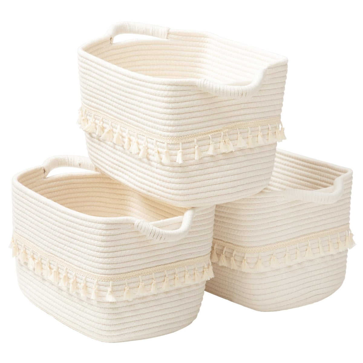 TeoKJ Woven Storage Bin Set of 3, Cotton Rope Basket for Storage, Clothes Boho Basket Bin for Organizing, Fabric Basket for Books, Plants, Pet Treats, White & Jute