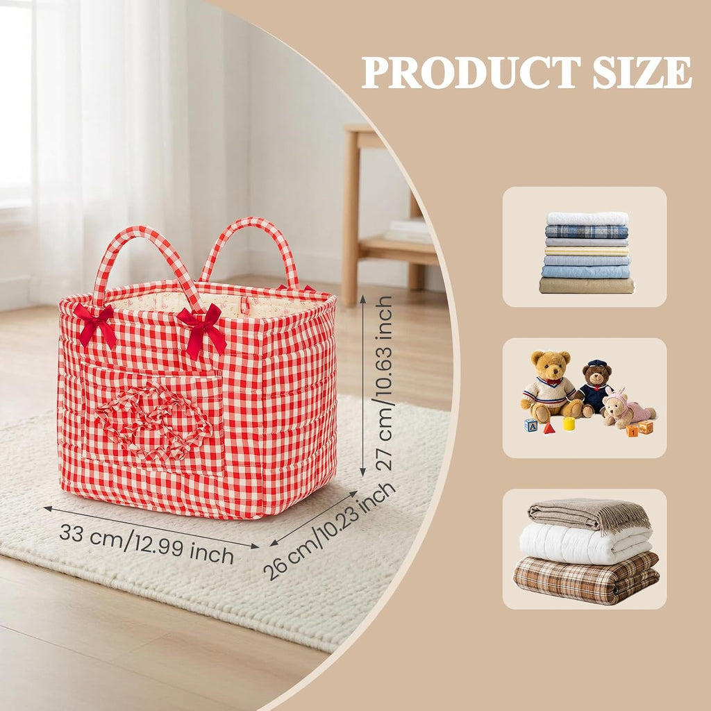 Floral Fabric Storage Basket Car Interior Storage Basket Underwear Sundries Laundry Baskets Supplies Home Organizer Bag (Red plaid)