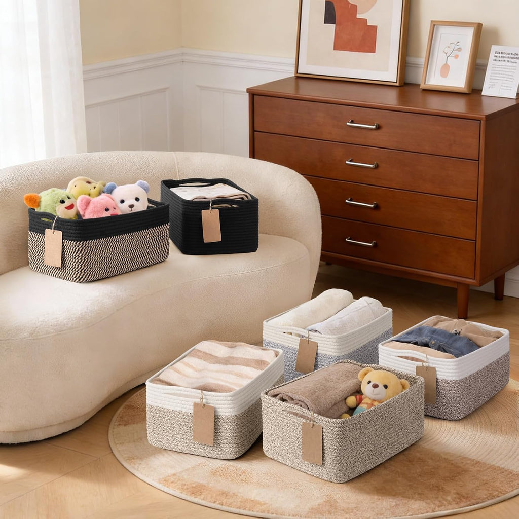 Goodpick 4 Pack Storage Baskets for Organizing Shelves, Light Brown & White
