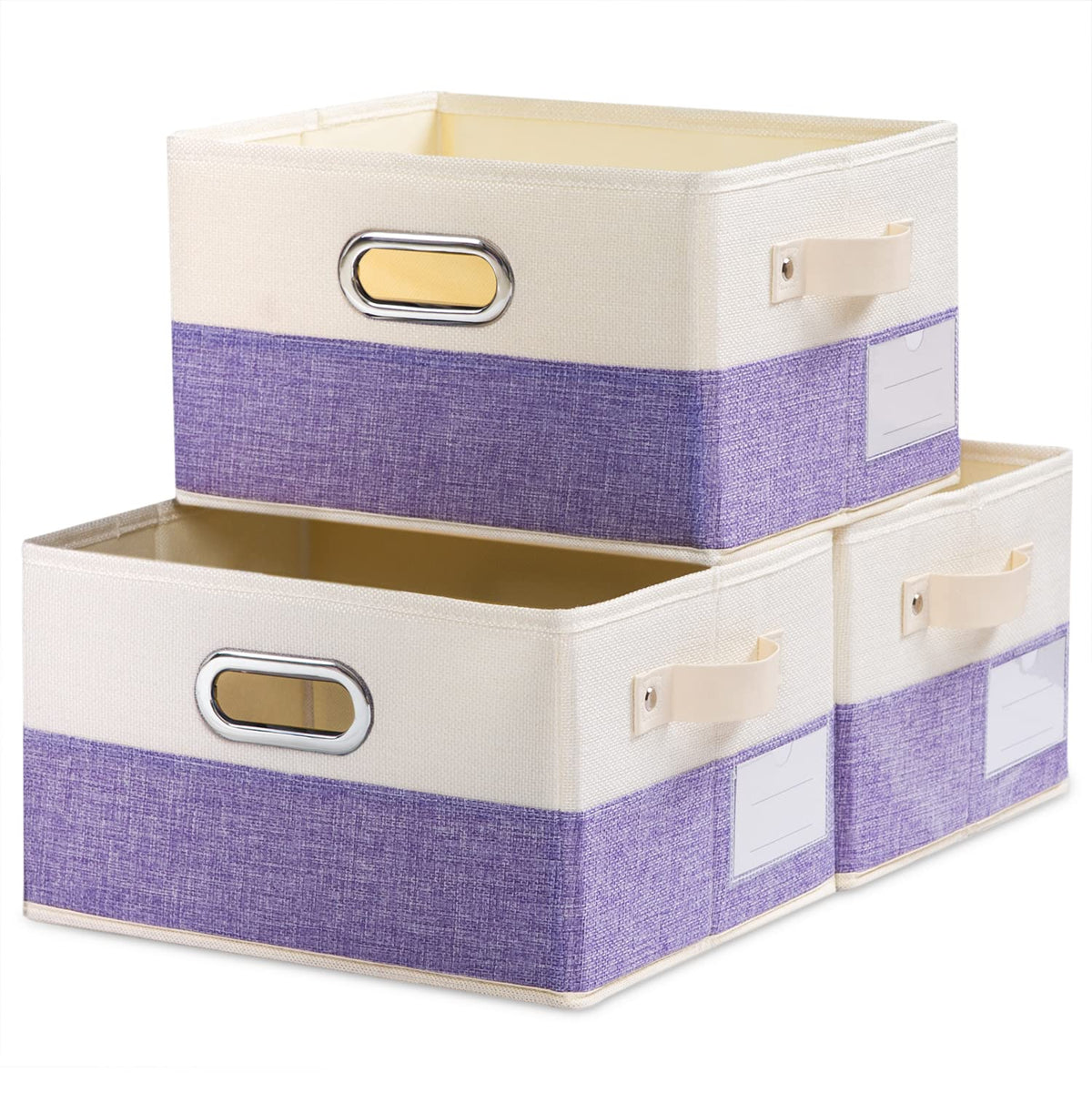 PRANDOM Large Foldable Storage Bins for Shelves [3-pack] Decorative Linen Fabric Storage Baskets Cubes with Leather/Metal Handles for Closet Nursery Office Grey and Black Trim (14.9x9.8x8.3 Inch)