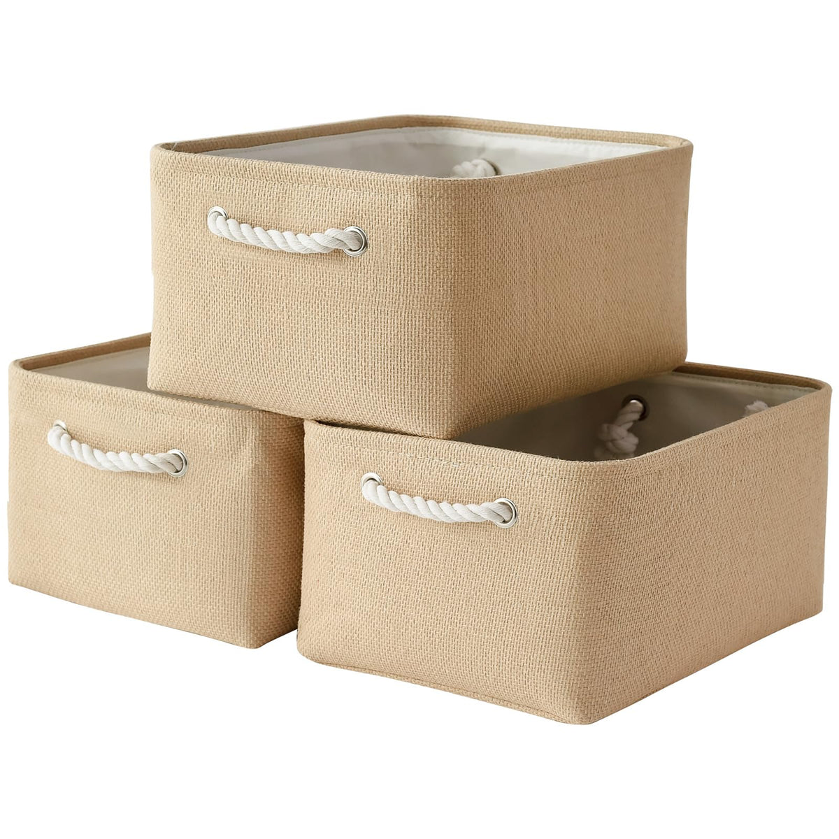 TheWarmHome Storage Basket for Organizing - Medium 3 Pack 14x10x7 inch Fabric Storage Cubes for Shelves with Rope, Collapsible Storage Bin for Organizer Closet Cloth Gift Toy (White & Jean Blue)