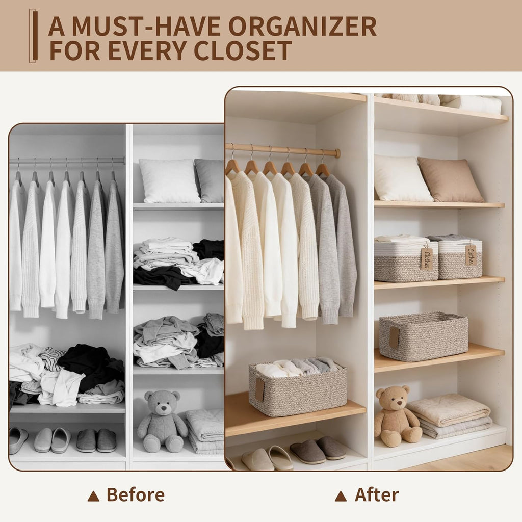 Goodpick 4 Pack Storage Baskets for Organizing Shelves, Light Brown & White