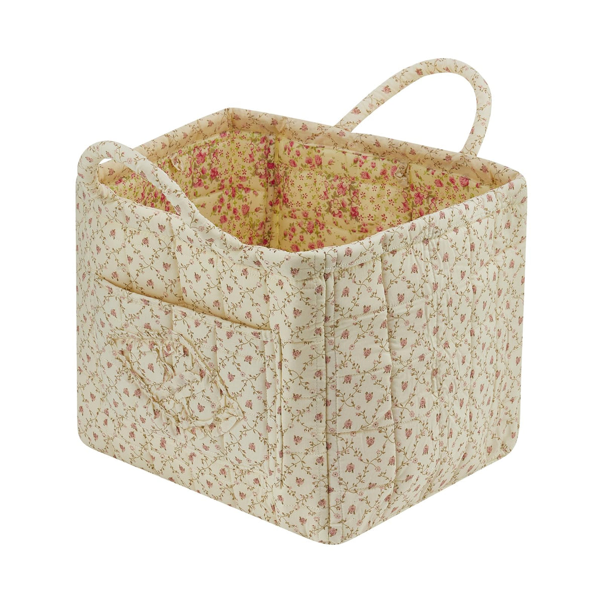 Boho Fabric Storage Basket Quilted Floral Print Baskets Organizer Bin with Handles for Home, Picnic, Shopping (Green, L)