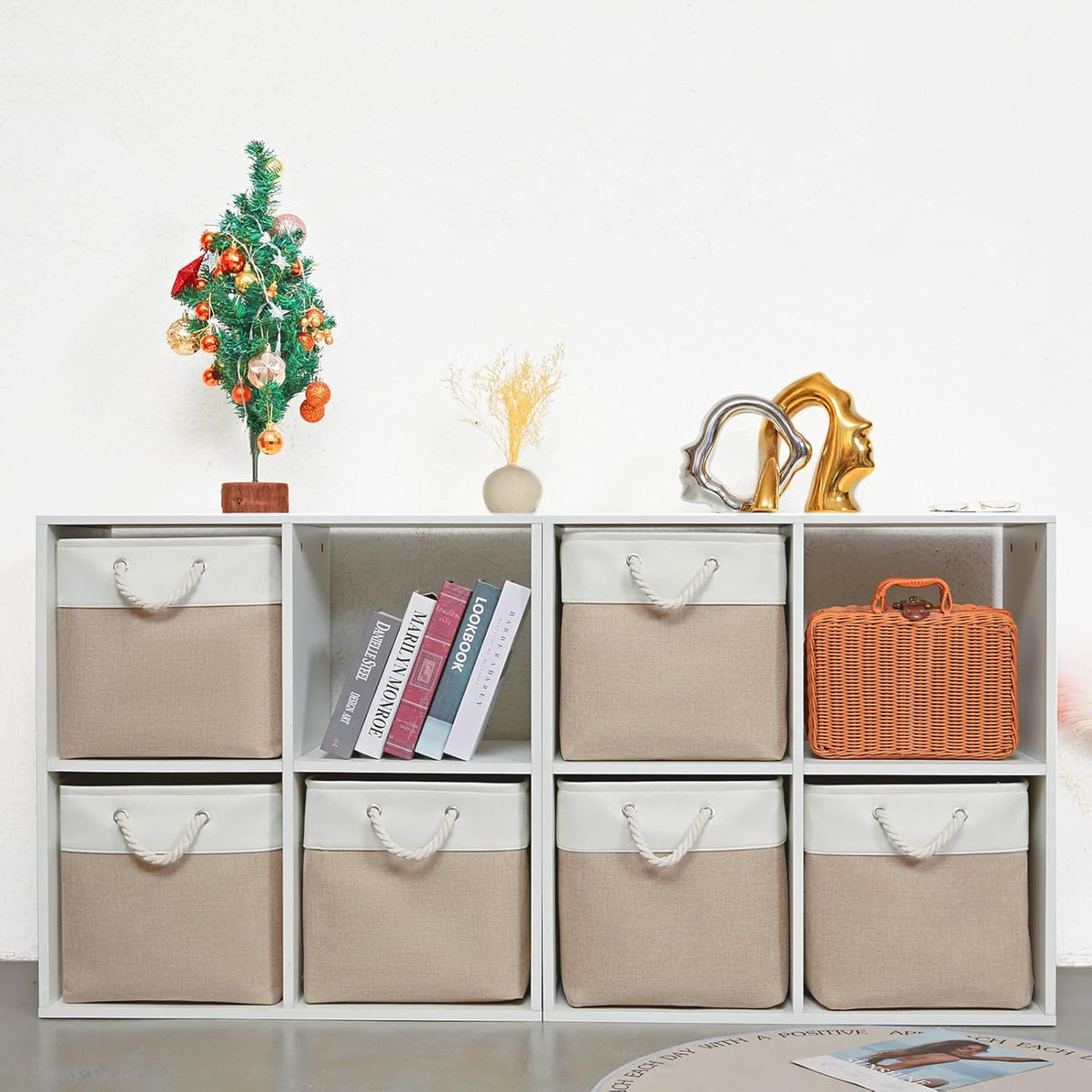 13 x 13 Inch Cube Storage Bins,Storage Cubes for Shelves，Foldable Organizer Boxes with Handles, Decorative Storage Basket for Organizing Clothes, Toys, Books(White&Beige)