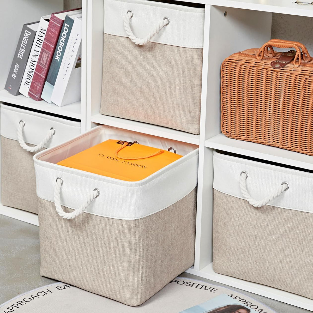13 x 13 Inch Cube Storage Bins,Storage Cubes for Shelves，Foldable Organizer Boxes with Handles, Decorative Storage Basket for Organizing Clothes, Toys, Books(White&Beige)