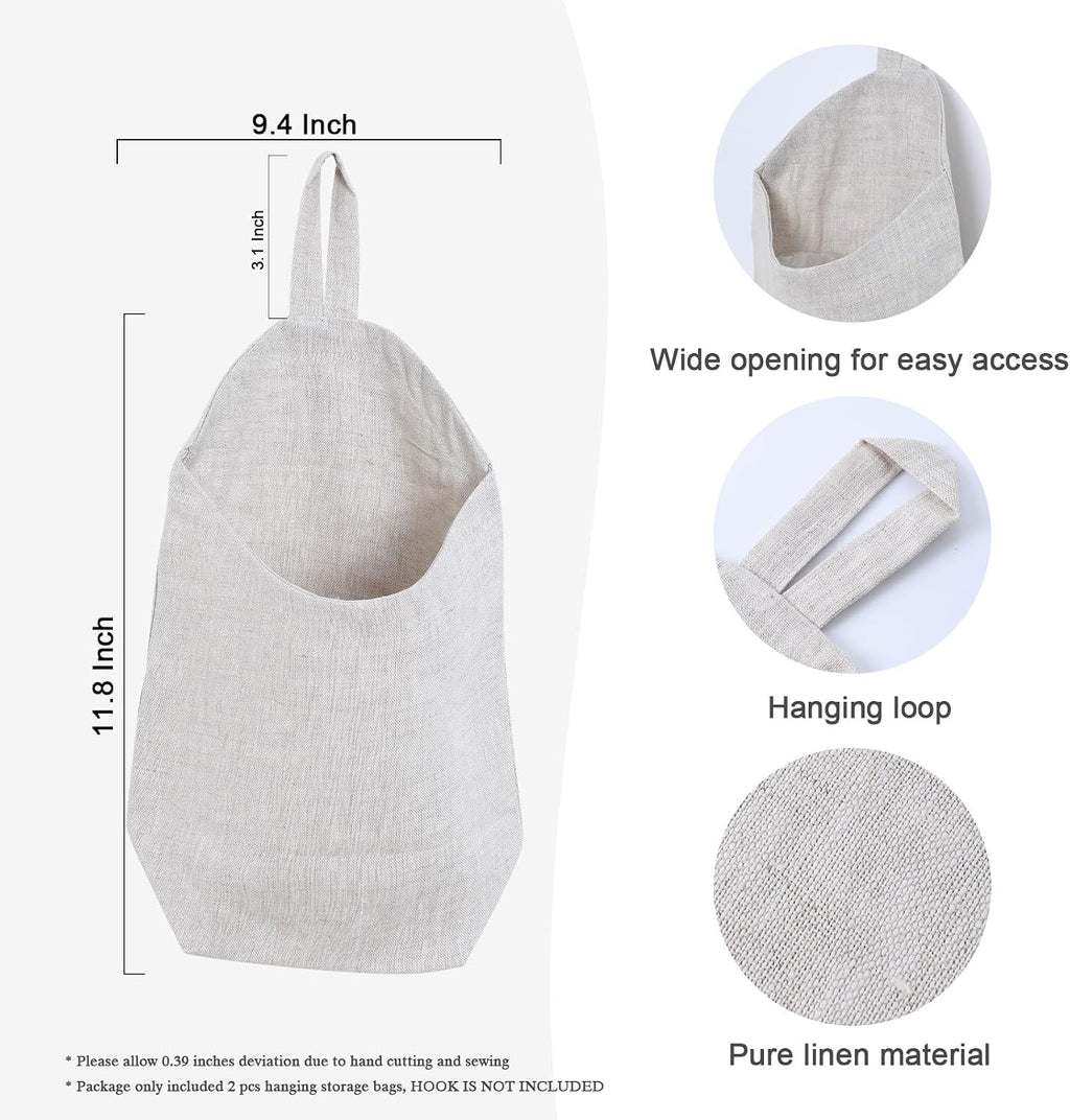 100% Linen Hanging Storage Bags Baskets 2 Pcs, Small Wall Storage Bag for Kitchen, Bedroom, RV Camper Organizer, Sewing Room, Nursery Storage, Kids Room, Linen