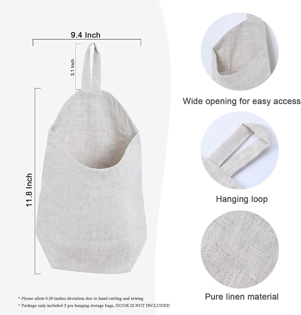 100% Linen Hanging Storage Bags Baskets 2 Pcs, Small Wall Storage Bag for Kitchen, Bedroom, RV Camper Organizer, Sewing Room, Nursery Storage, Kids Room, Linen