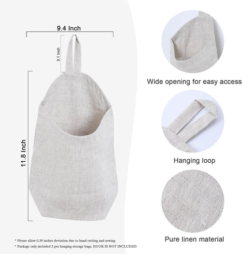 100% Linen Hanging Storage Bags Baskets 2 Pcs, Small Wall Storage Bag for Kitchen, Bedroom, RV Camper Organizer, Sewing Room, Nursery Storage, Kids Room, Linen