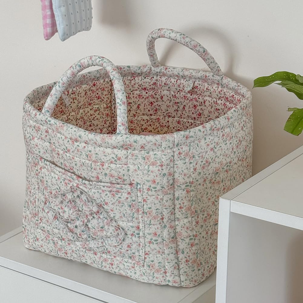 Foldable Laundry Basket Boho Bear Storage Basket Floral Quilted Fabric Car Storage Basket Handles Large Laundry Baskets for Clothes and Dolls