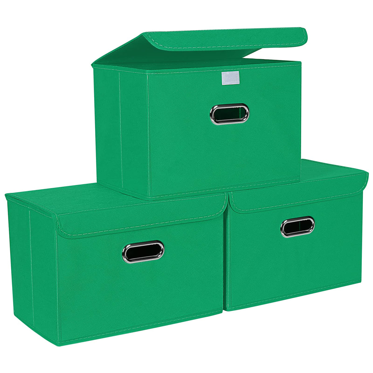 STOREONE Fabric Storage Cube Bins Foldable Organizer Container Collapsible Basket with Lids and Metal Handles, for Home, Bedroom, Closet 3 Pcs (Navy Blue)
