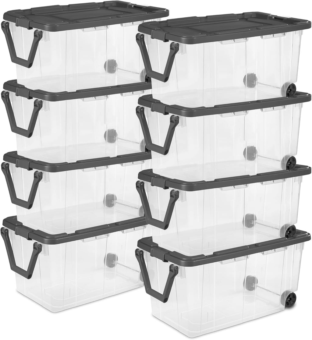 Sterilite 8-Pack Modular Stacker Box, Durable Clear Plastic Storage Bins with Latching Lids, 40 Quart - Stackable Organizing Container Boxes for Closet, Bathroom, and Office
