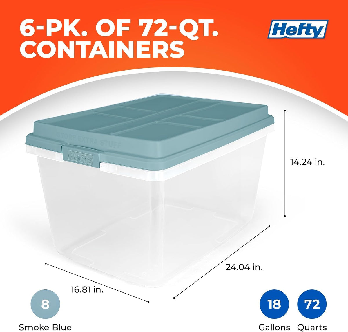 Hefty HI-RISE Stackable Storage Bins - Under Bed Storage Containers with Lids, Shoe Organizer, Plastic Storage Bins, Clear Shoe Boxes with XL Lid-Locking Latches, Durable Double Rim - 72qt (6 Pack)