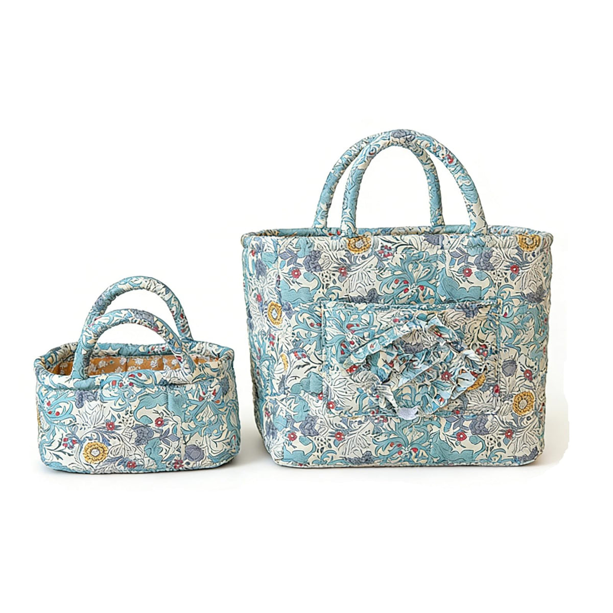 Fabric Storage Basket 2 Pack,Large and Mini Boho Laundry Nursery Hamper Portable Folding Organizer for Car Bedroom (Blue Vine)