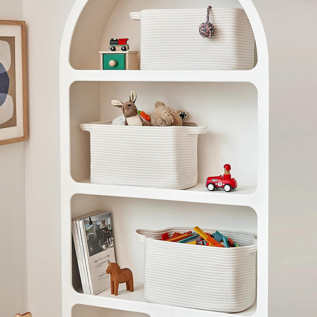R RUNKA Cotton Rope Basket Set of 3 (15"x10.2"x9.1") - Rectangle Storage Bins - Versatile Toy Storage Organizer - Perfect for Kids, Dog Toys, Books, Shelves - White