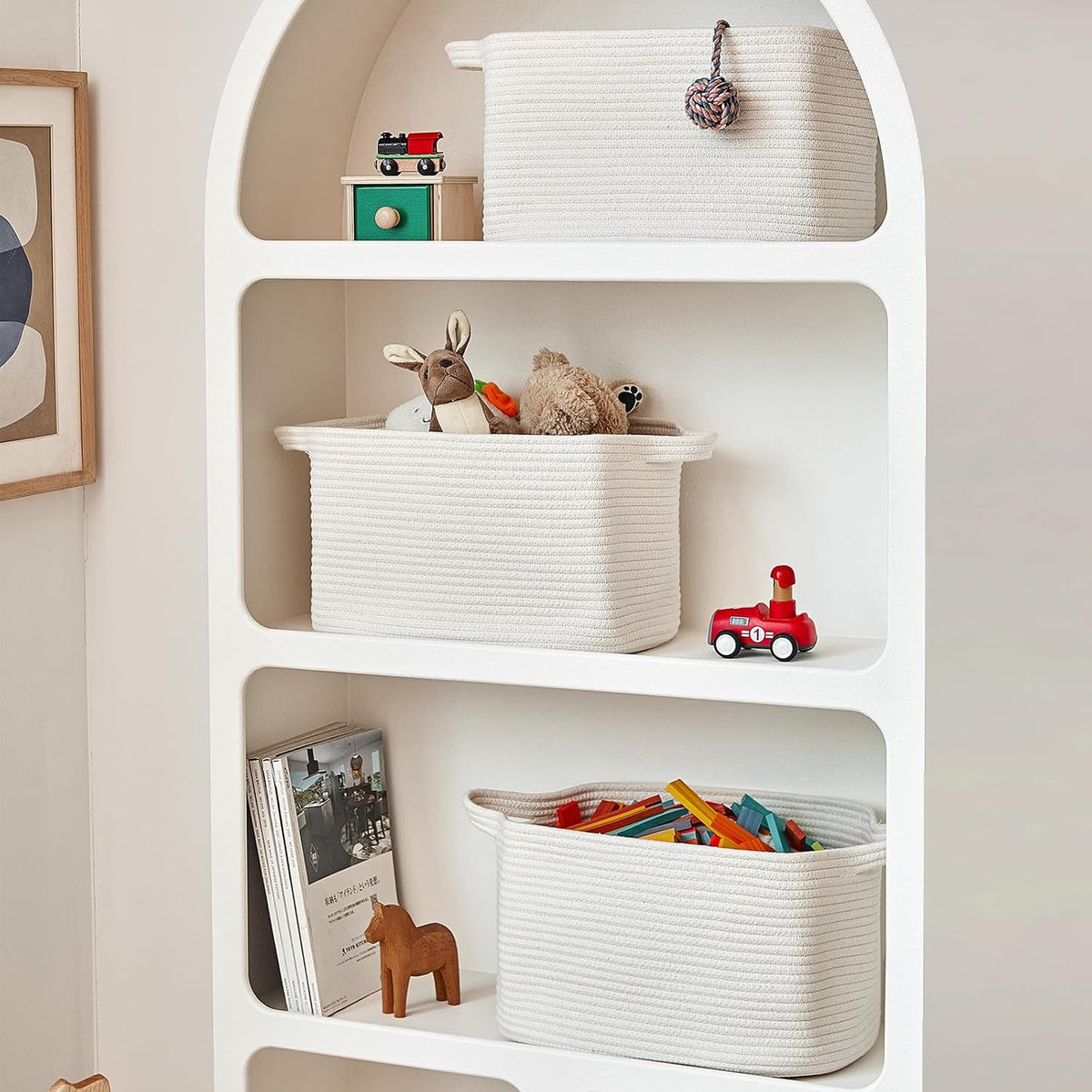 R RUNKA Cotton Rope Basket Set of 3 (15"x10.2"x9.1") - Rectangle Storage Bins - Versatile Toy Storage Organizer - Perfect for Kids, Dog Toys, Books, Shelves - White