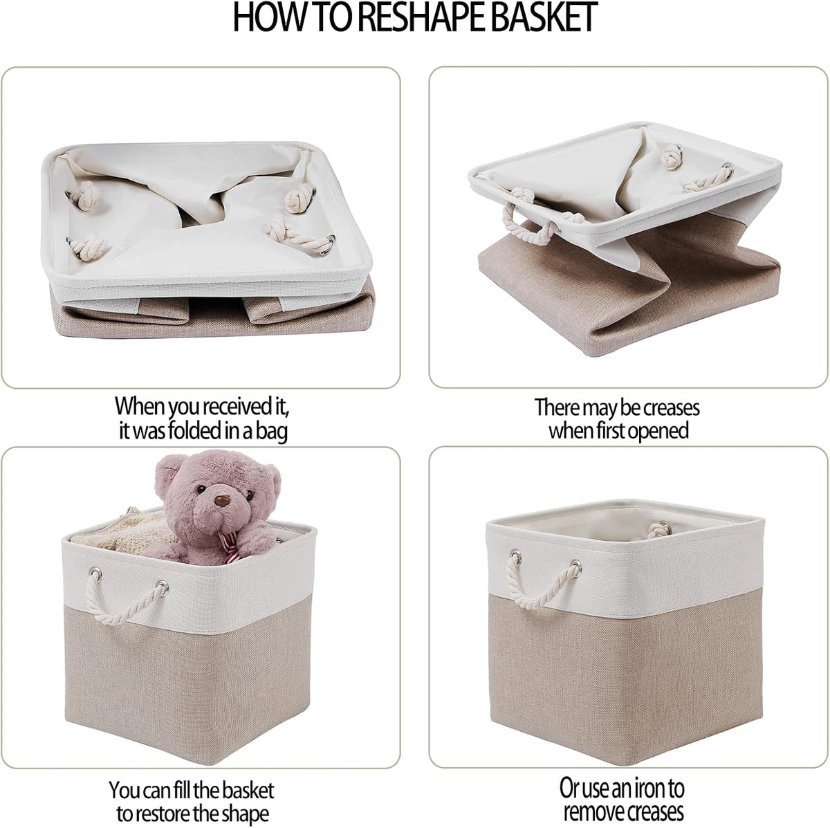 MidmmVick 11 x 11 Inch Cube Storage Bins, 6 Pack Large Collapsible Fabric Storage Bin with Ropes, Foldable Storage Cubes for Home, Office,Closet, Clothes, Toys Organizer (White & Beige-11"x11"x11")