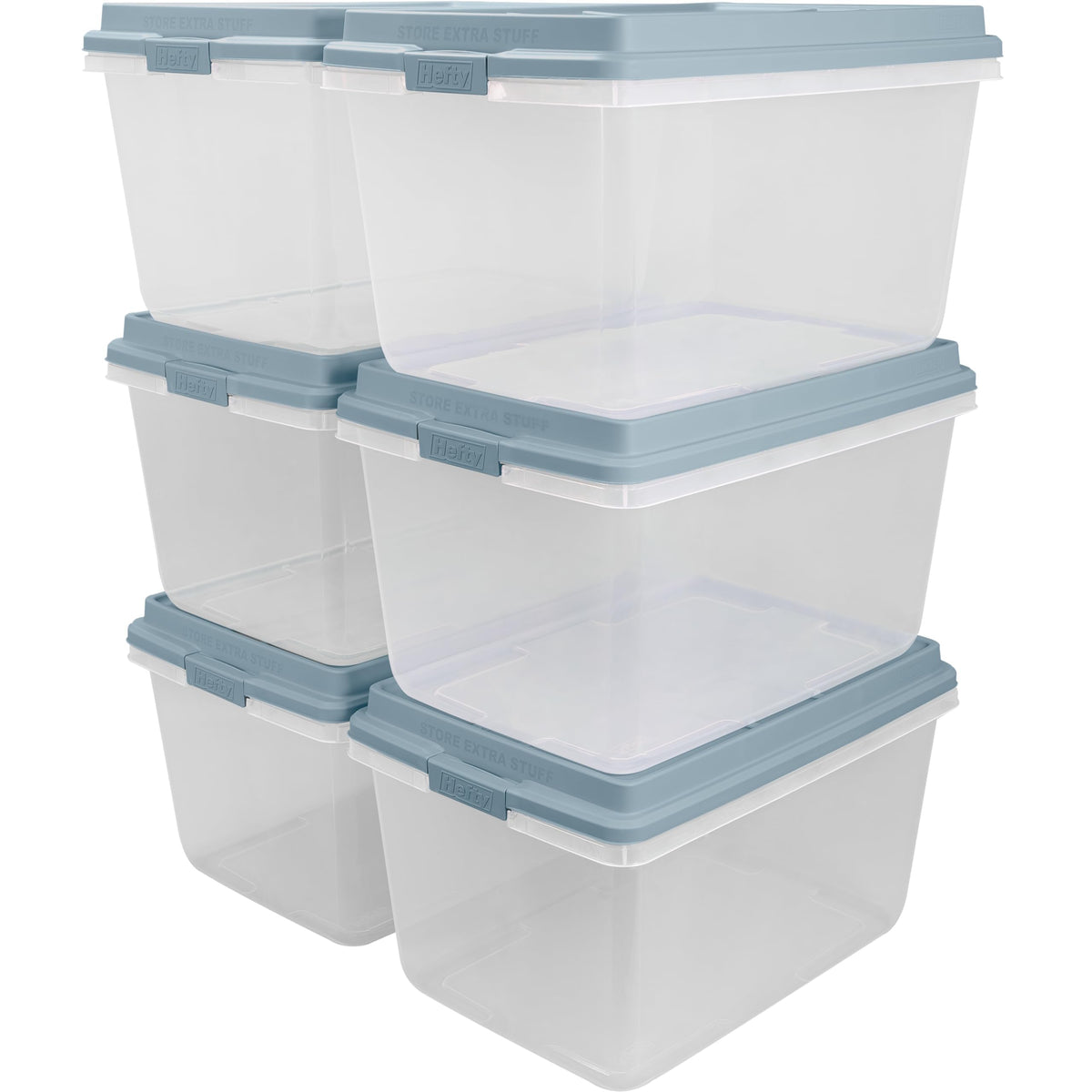 Hefty HI-RISE Stackable Storage Bins - Under Bed Storage Containers with Lids, Shoe Organizer, Plastic Storage Bins, Clear Shoe Boxes with XL Lid-Locking Latches, Durable Double Rim - 72qt (6 Pack)