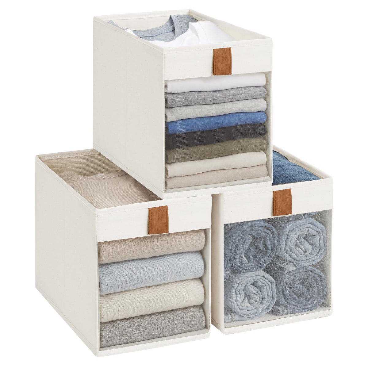 StorageWorks Fabric Storage Bins with Clear Window, Beige, 3-Pack