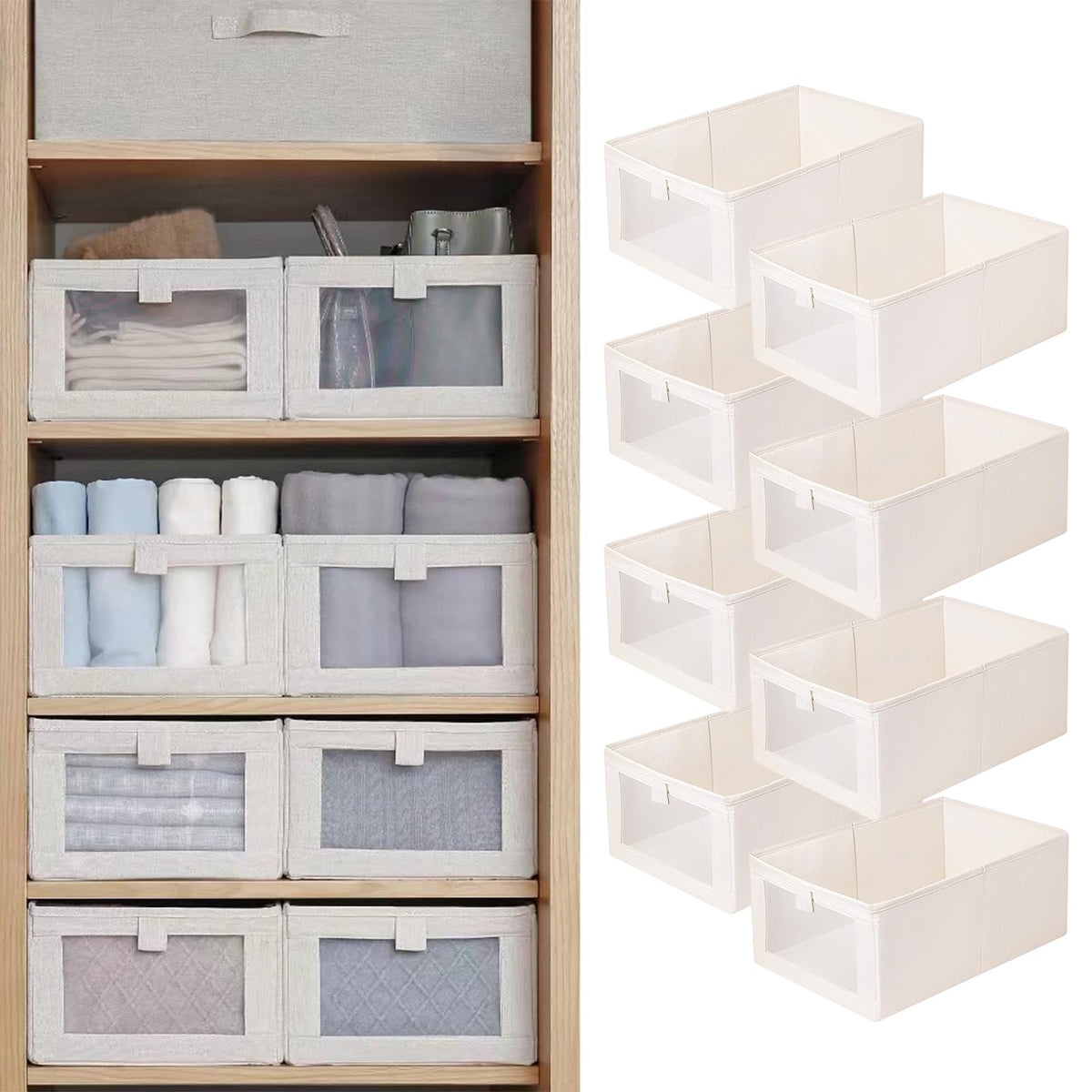 Pradnel Linen Closet Organizers And Storage, 4 Pack Storage Bins Baskets for Organization Foldable Organizer with Clear Window Organizing Clothing, Jeans, Shelves