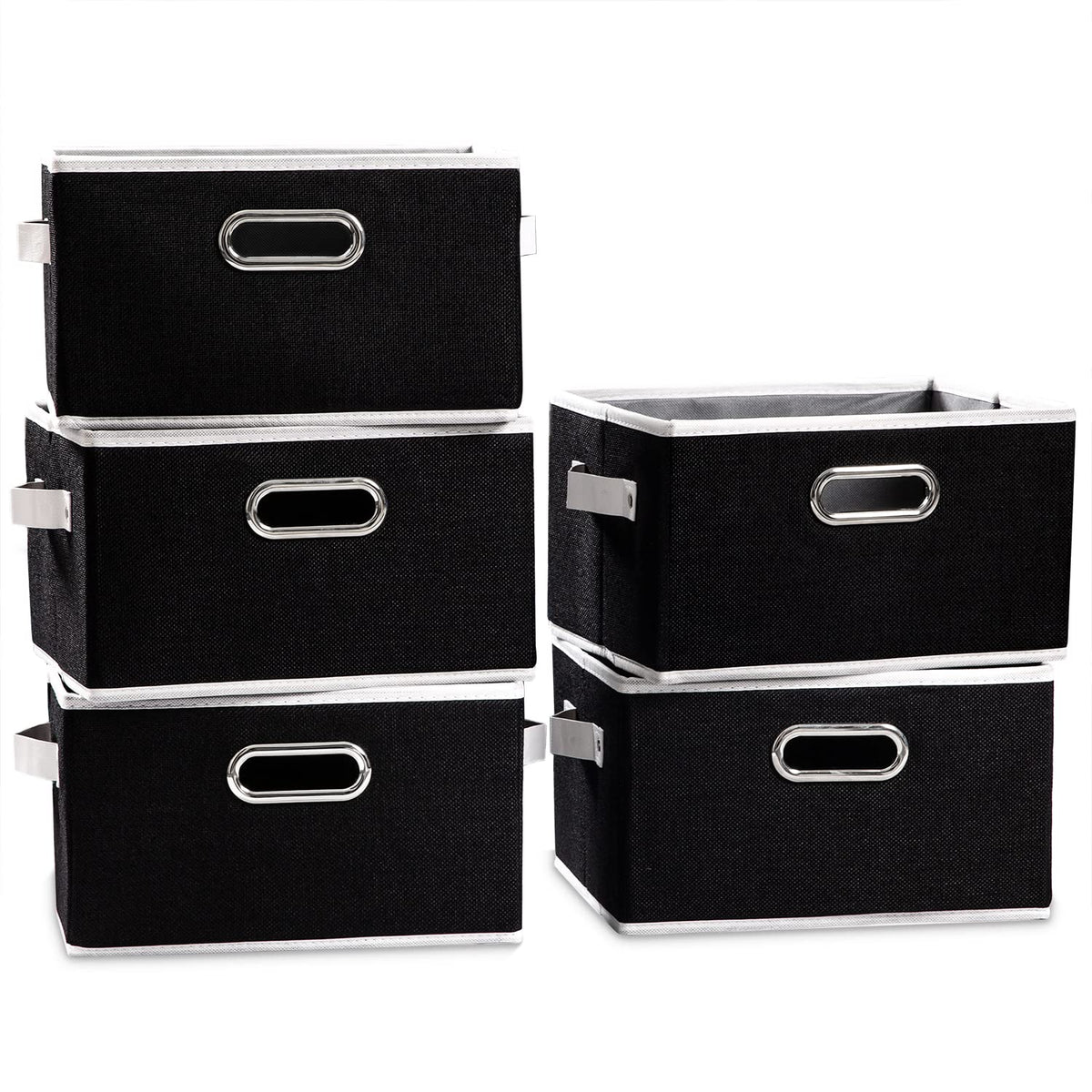 PRANDOM Large Foldable Storage Bins for Shelves [3-pack] Decorative Linen Fabric Storage Baskets Cubes with Leather/Metal Handles for Closet Nursery Office Grey and Black Trim (14.9x9.8x8.3 Inch)