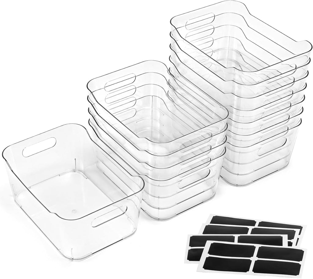 12 PACK Clear Plastic Storage Bins, Kitchen Cabinet Pantry Organizer Bins