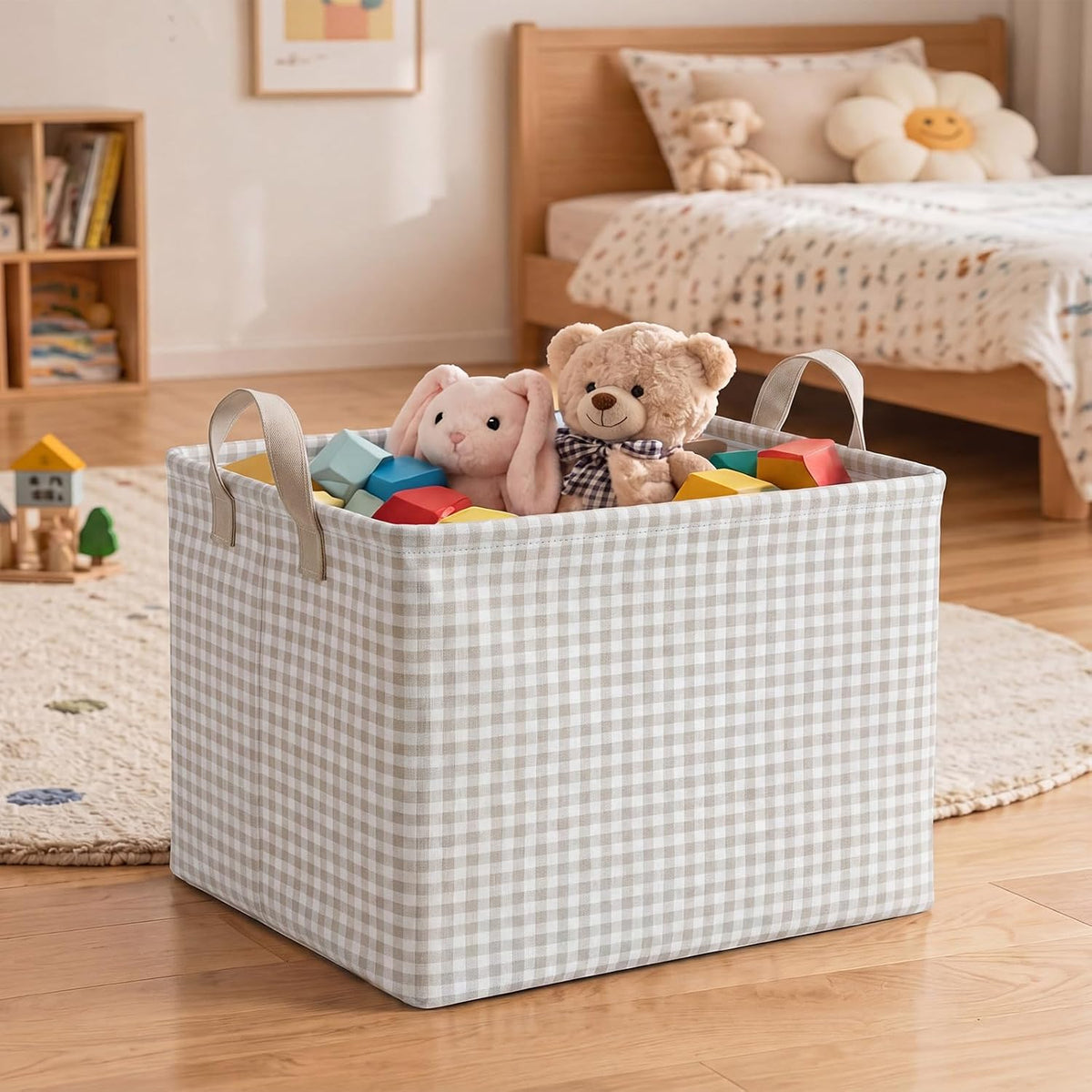 Hushee Khaki Gingham Basket Checkered Storage Collapsible Bin with Handles