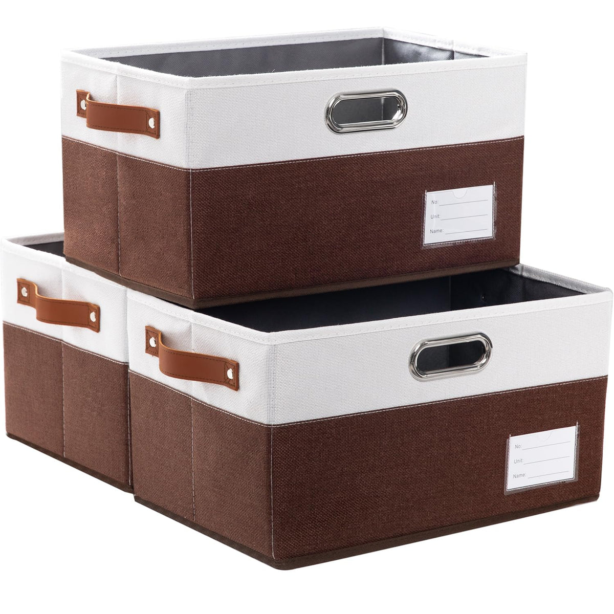 PRANDOM Large Foldable Storage Bins for Shelves [3-pack] Decorative Linen Fabric Storage Baskets Cubes with Leather/Metal Handles for Closet Nursery Office Grey and Black Trim (14.9x9.8x8.3 Inch)