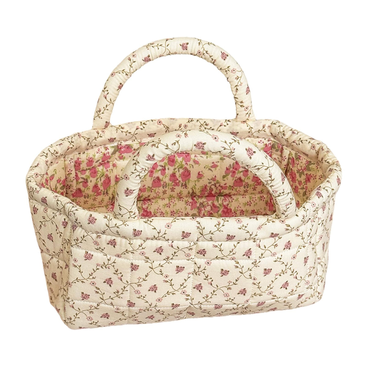 Small Storage Basket Organizer, Mini Fabric Floral Storage Baskets with Handle, Quilted Portable Collapsible Storage (Blue Floral)