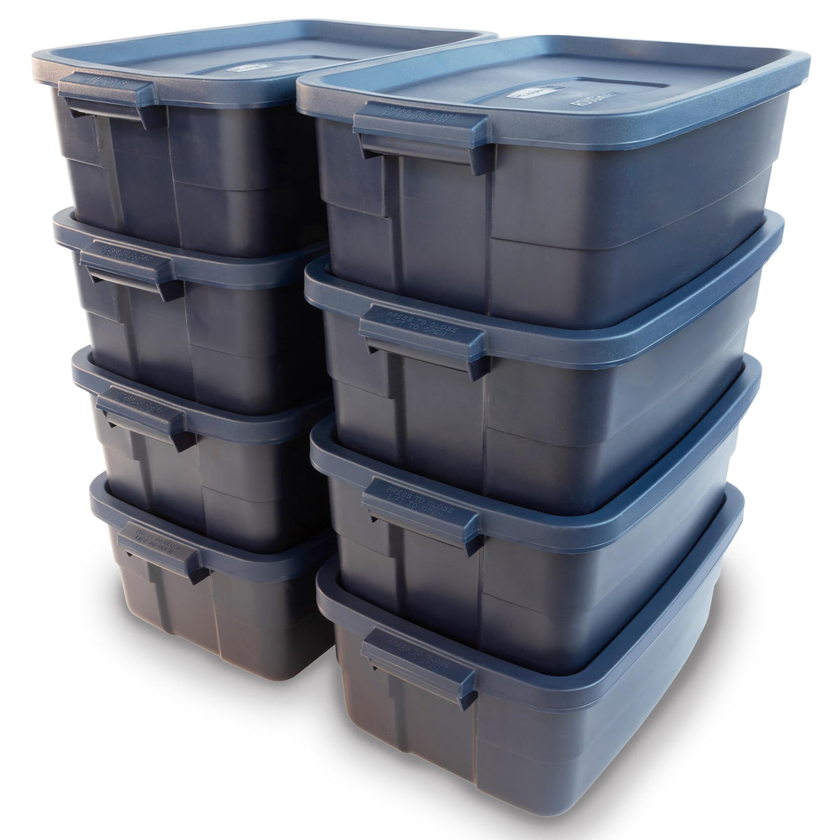 Rubbermaid Roughneck Tote 14 Gal, 6 Pack, Made in USA, Dark Indigo Metallic, Rugged Plastic Stackable Storage Bins with Lids and Handles