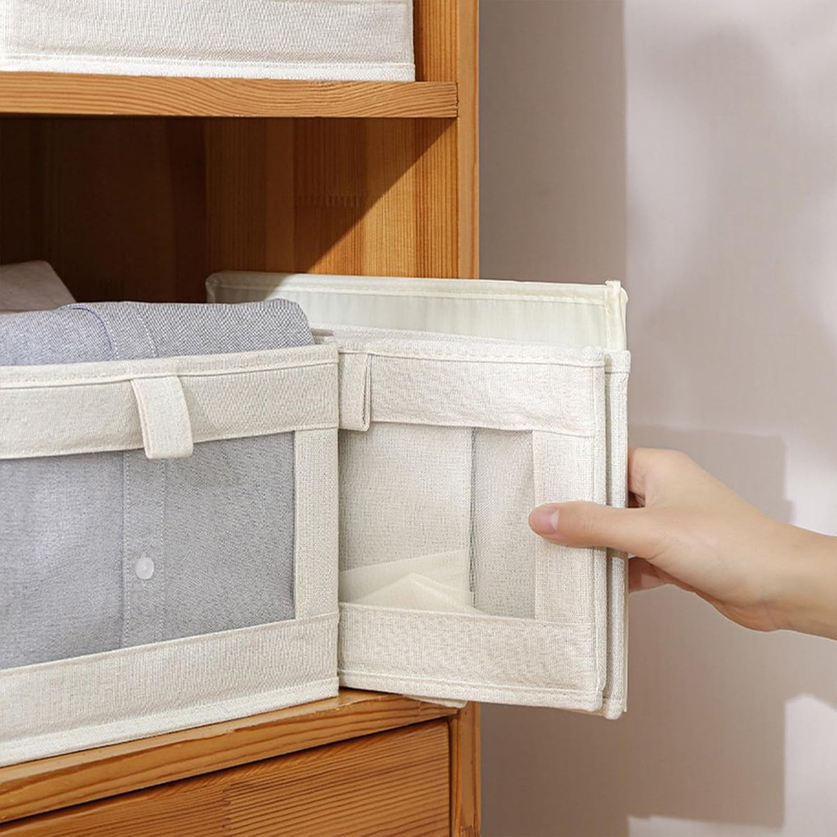 Pradnel Linen Closet Organizers And Storage, 4 Pack Storage Bins Baskets for Organization Foldable Organizer with Clear Window Organizing Clothing, Jeans, Shelves