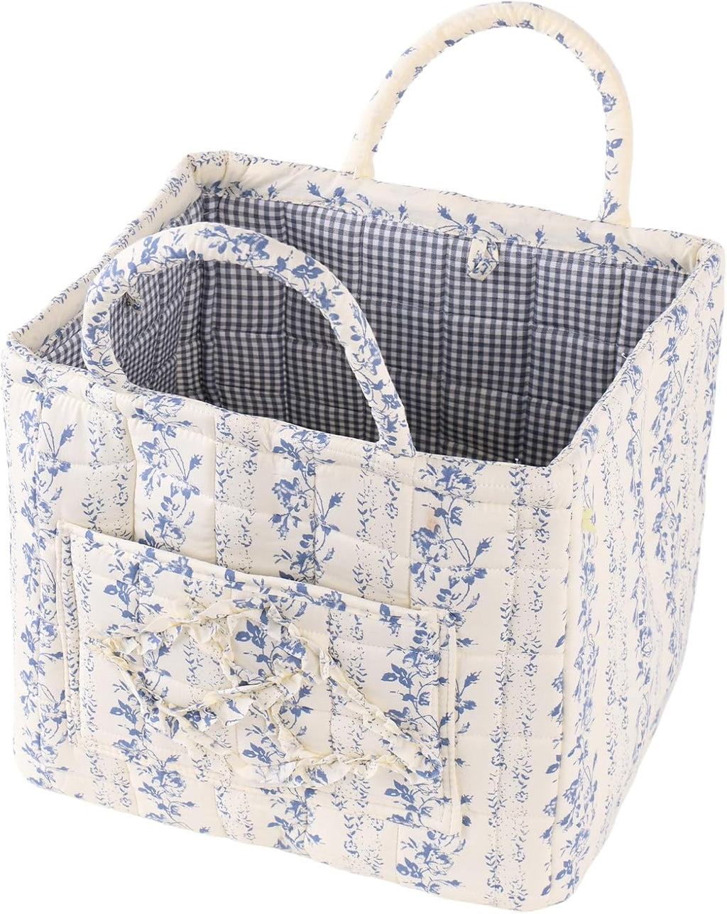 Quilted Fabric Car Storage Basket with Handles & Pocket, Foldable Laundry Hamper Boho Floral Print Organizer Bin for Home, Picnic, Office Nursery Cloth Toy 12"x10"x10" (Style E)