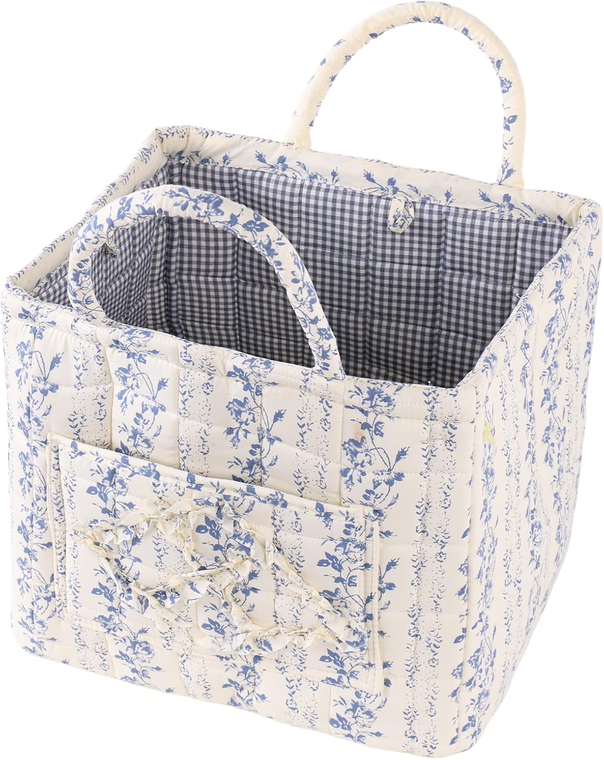 Quilted Fabric Car Storage Basket with Handles & Pocket, Foldable Laundry Hamper Boho Floral Print Organizer Bin for Home, Picnic, Office Nursery Cloth Toy 12"x10"x10" (Style E)