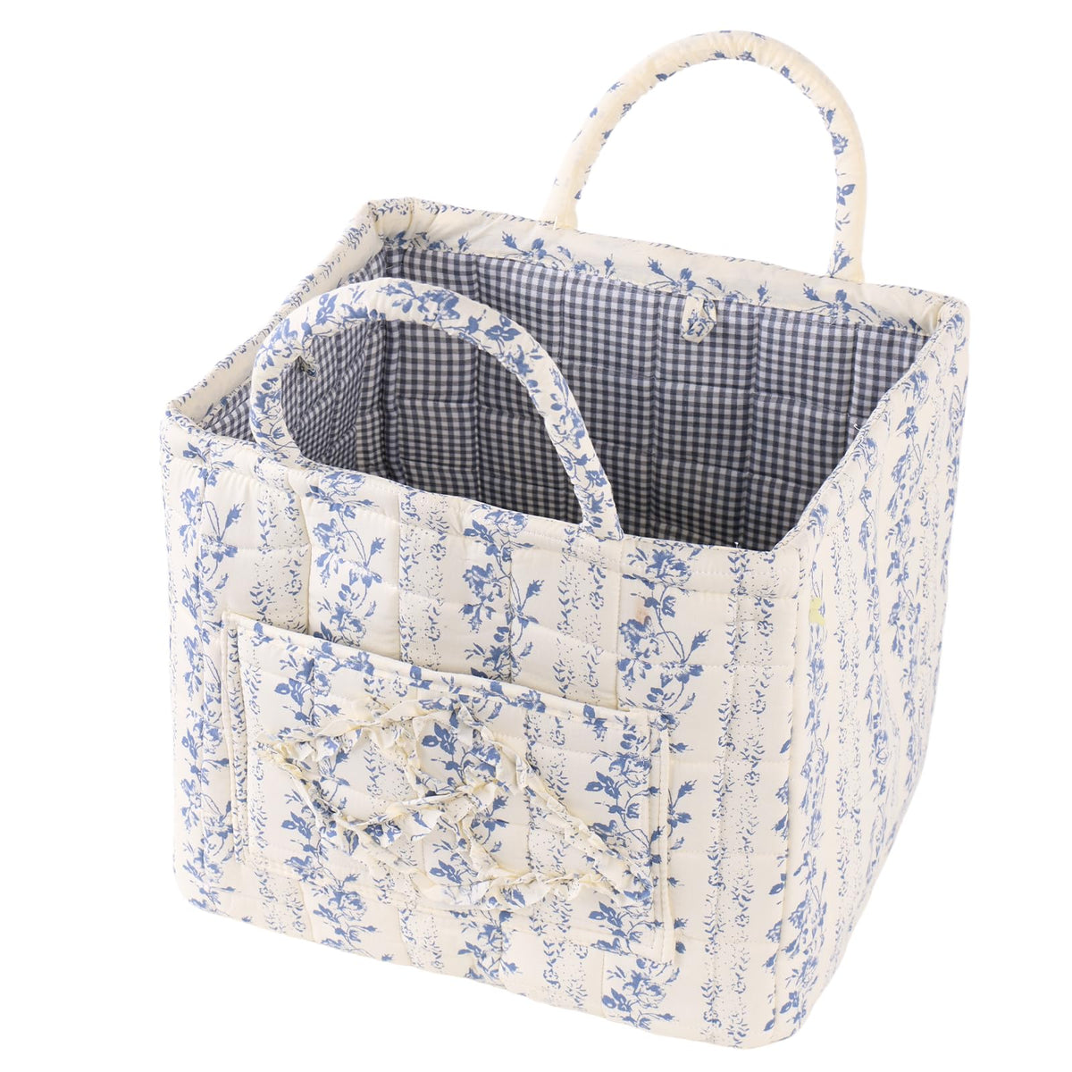 Quilted Fabric Car Storage Basket with Handles & Pocket, Foldable Laundry Hamper Boho Floral Print Organizer Bin for Home, Picnic, Office Nursery Cloth Toy 12"x10"x10" (Style E)