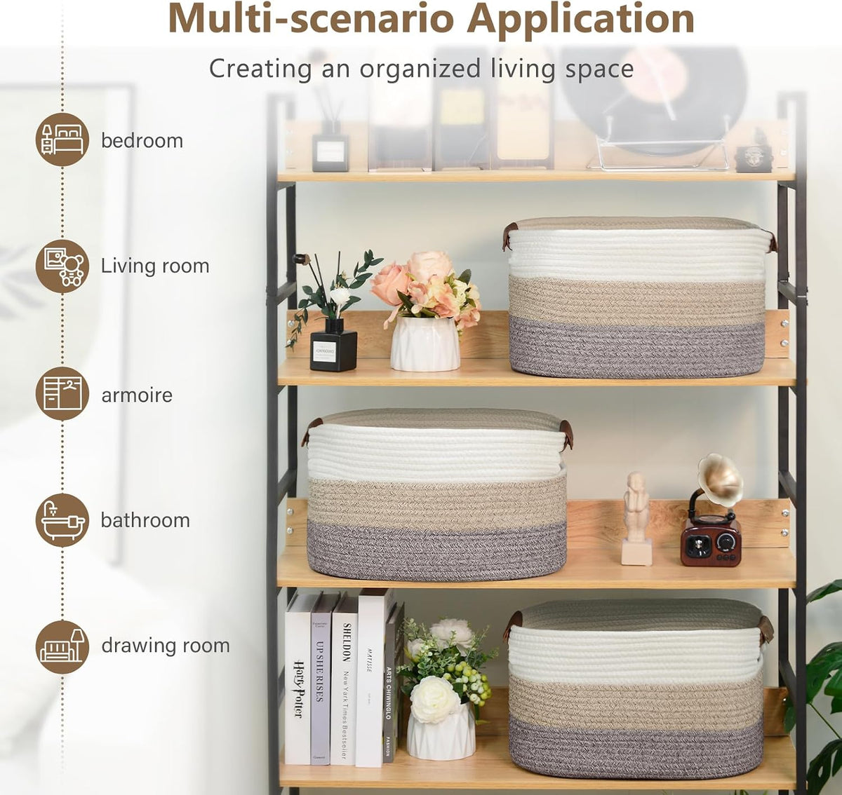 ECDYQXVU 15x10x9 Woven Cotton Rope Storage Basket, Leather Handles 1 Pack