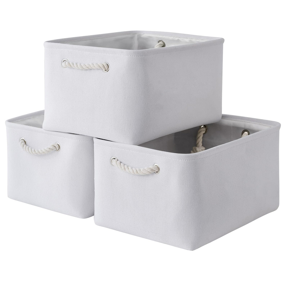TheWarmHome Storage Basket for Organizing - Medium 3 Pack 14x10x7 inch Fabric Storage Cubes for Shelves with Rope, Collapsible Storage Bin for Organizer Closet Cloth Gift Toy (White & Jean Blue)