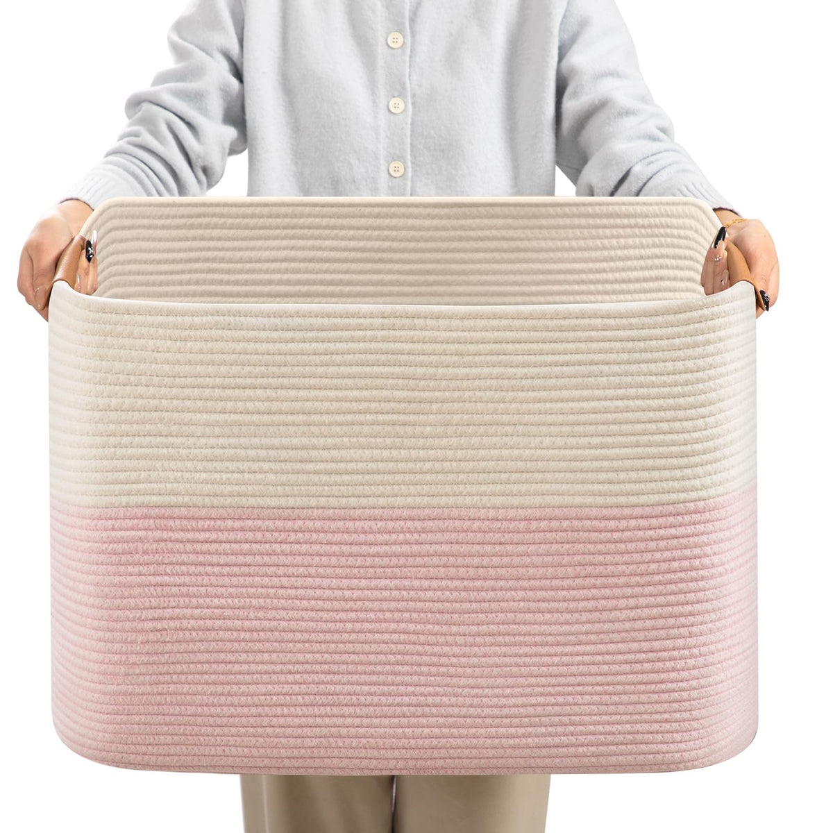 danpinera Blanket Basket, 72L Woven Storage basket with Leather Handle, Eco-friendly Decorative Storage Organization in Bathroom & Living Room for Towels 22 ''*17 ''*11.8 '', Gradient Brown