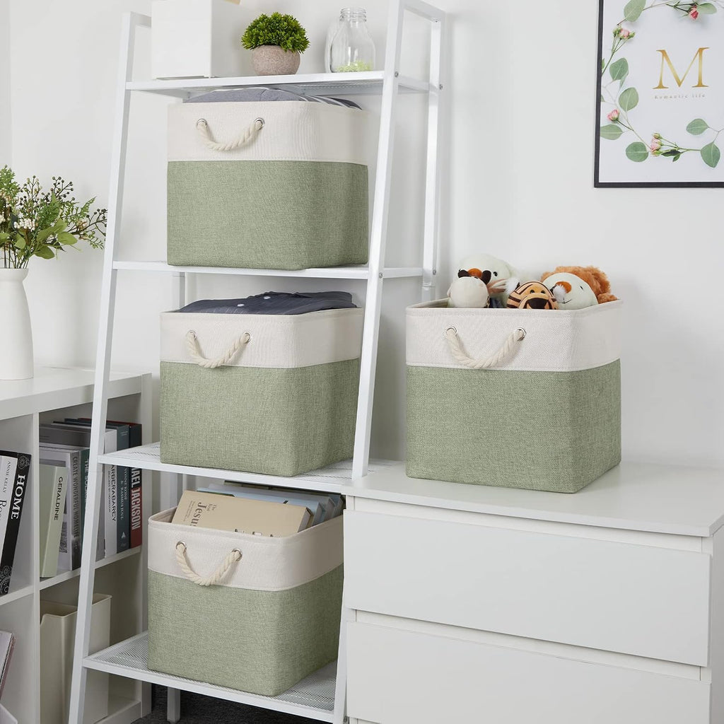 Temary Cube Storage Baskets for Shelves 12 Inch Storage Cubes 4pack Fabric Storage Baskets for Organizing Clothes, Closet Basket with Rope Handles for Home (White&Green)