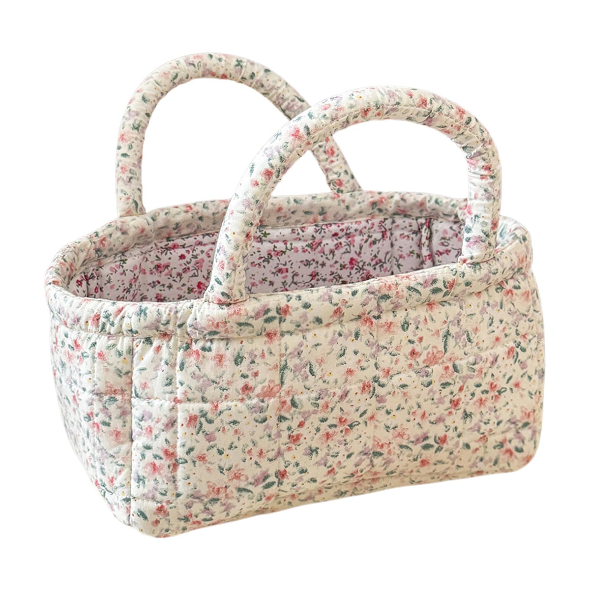 Small Storage Basket Organizer, Mini Fabric Floral Storage Baskets with Handle, Quilted Portable Collapsible Storage (Blue Floral)