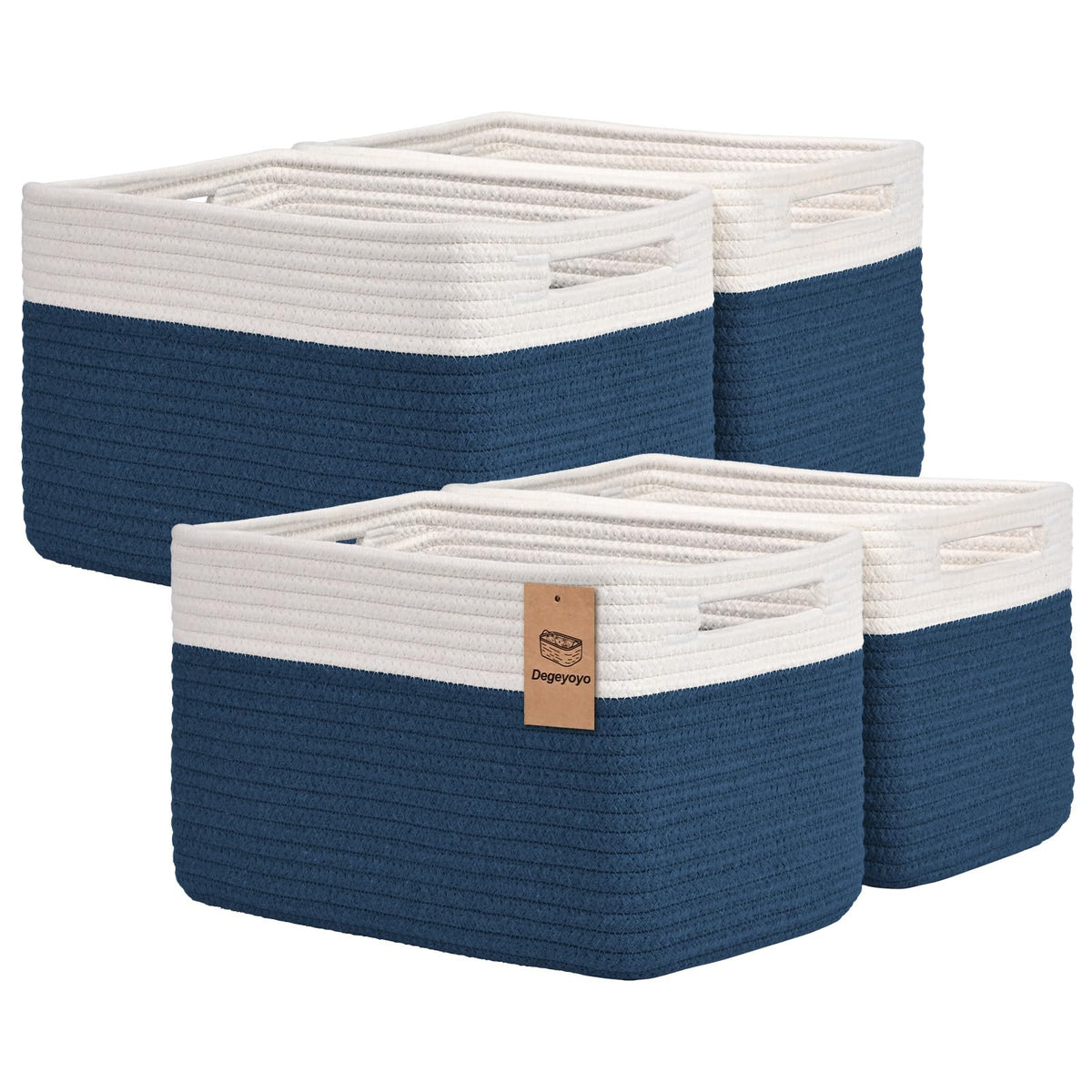 Storage Baskets for Organizing, 4 Pack Baskets for Shelves, Decorative Storage Bins for Shelves, Cotton Rope Storage Basket with Handles, Woven Basket for Storage, 13''Lx8.7''Wx7.9''H, White & Brown